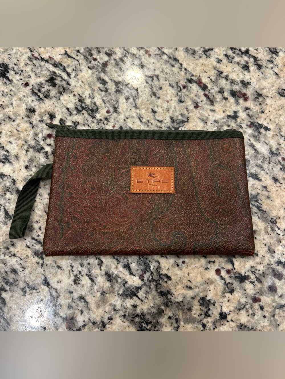 Etro Brown and Green Paisley Zip Toiletry Pouch